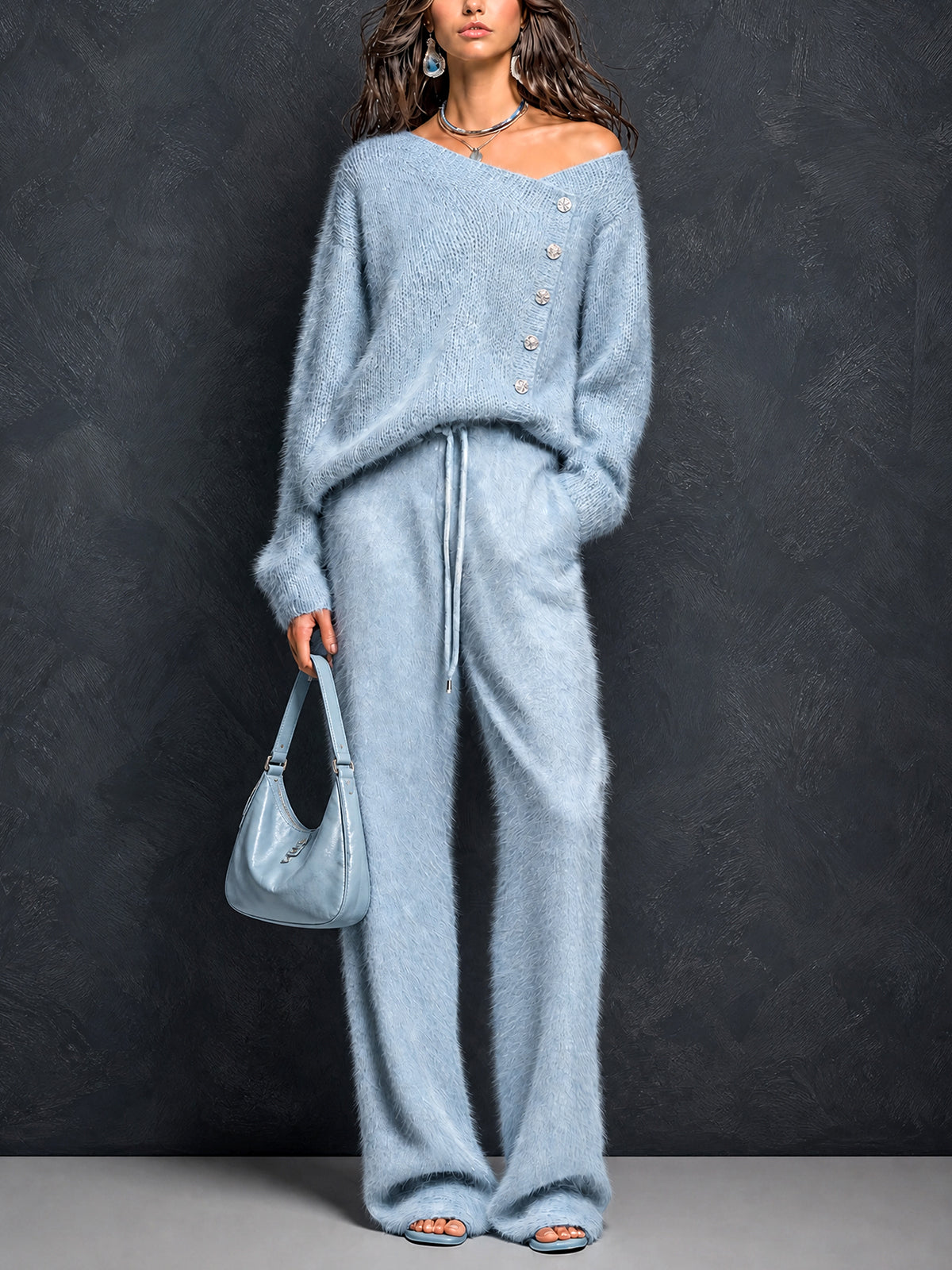 ElevenOra Chic Elegant Blue Asymmetrical Neck Button-Front Long-Sleeve Loose-Fit Sweater Drawstring-Waist Straight Pants Fuzzy Knit Two-Piece Set