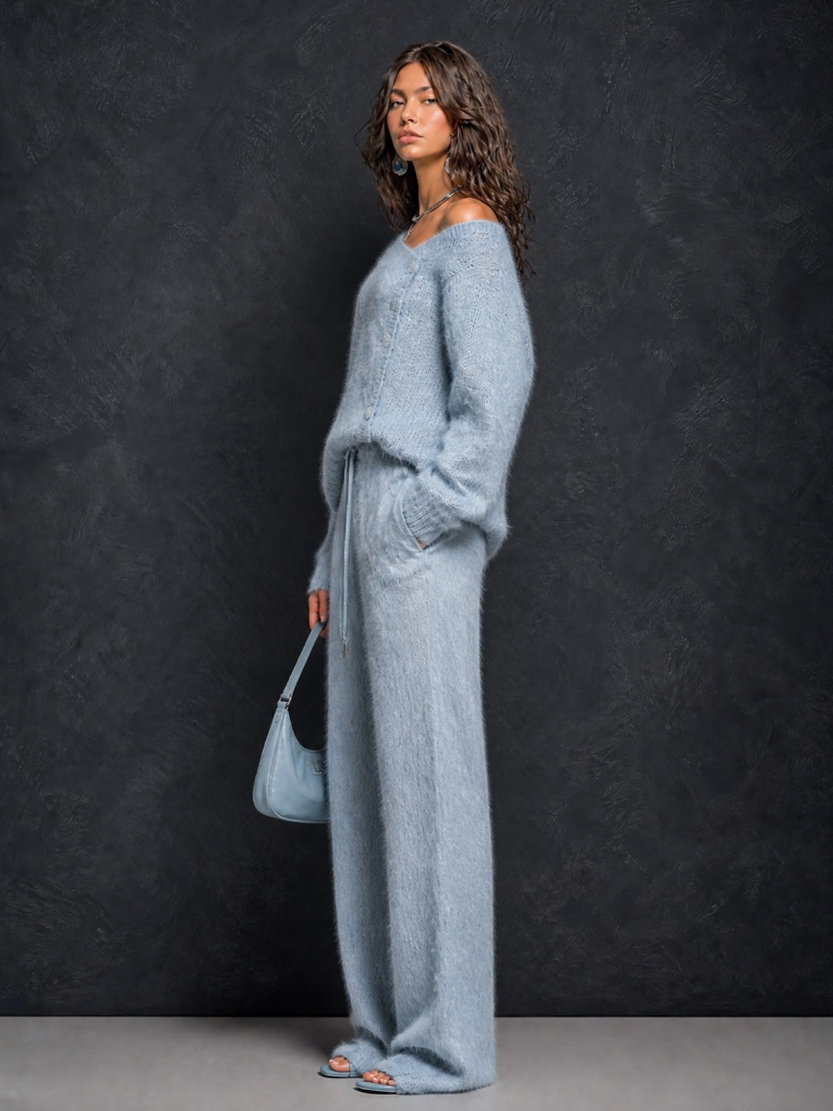 ElevenOra Chic Elegant Blue Asymmetrical Neck Button-Front Long-Sleeve Loose-Fit Sweater Drawstring-Waist Straight Pants Fuzzy Knit Two-Piece Set
