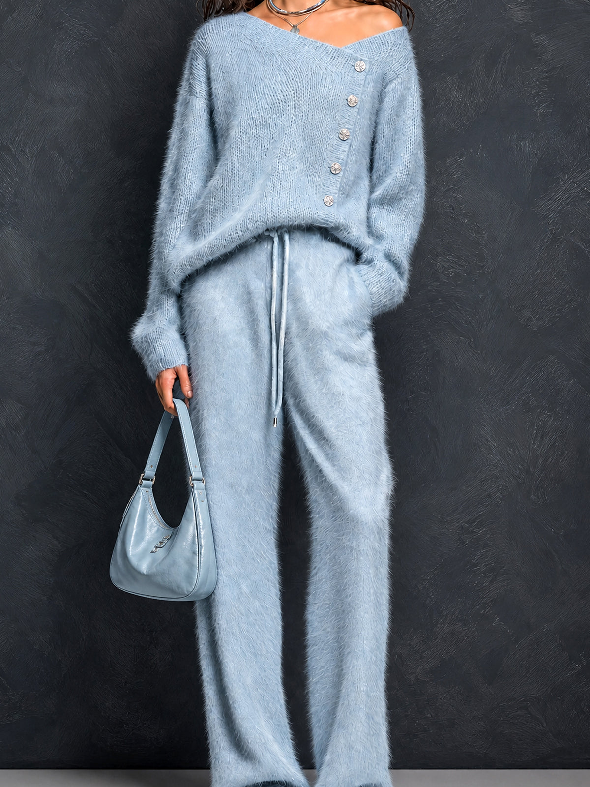 ElevenOra Chic Elegant Blue Asymmetrical Neck Button-Front Long-Sleeve Loose-Fit Sweater Drawstring-Waist Straight Pants Fuzzy Knit Two-Piece Set