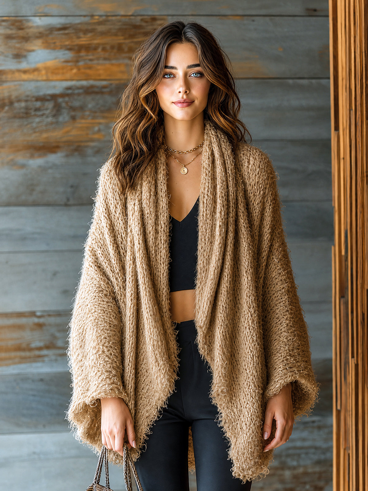 ElevenOra Chic Elegant Camel Long-Flare-Sleeve Loose-Fit Ruched Detail Asymmetrical Hem Mohair Blend Knit Cardigan