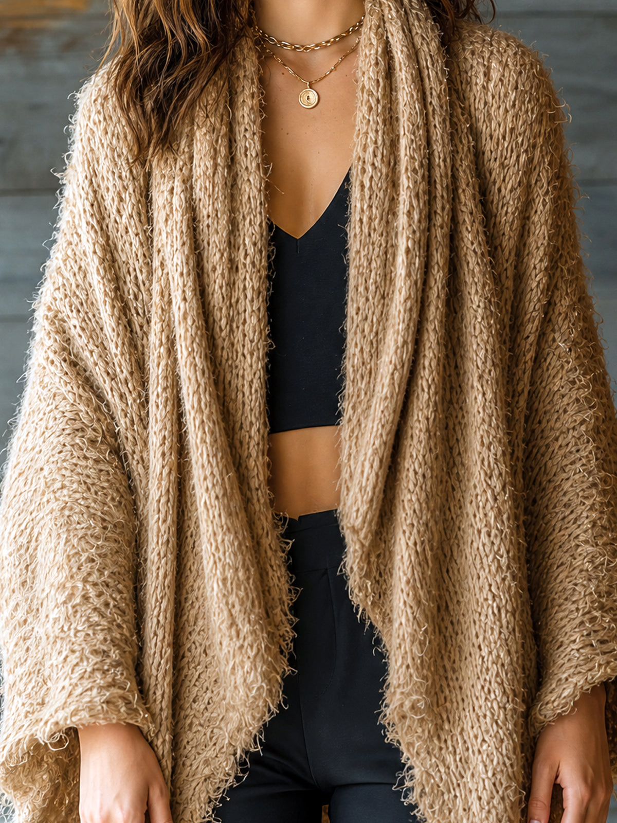 ElevenOra Chic Elegant Camel Long-Flare-Sleeve Loose-Fit Ruched Detail Asymmetrical Hem Mohair Blend Knit Cardigan