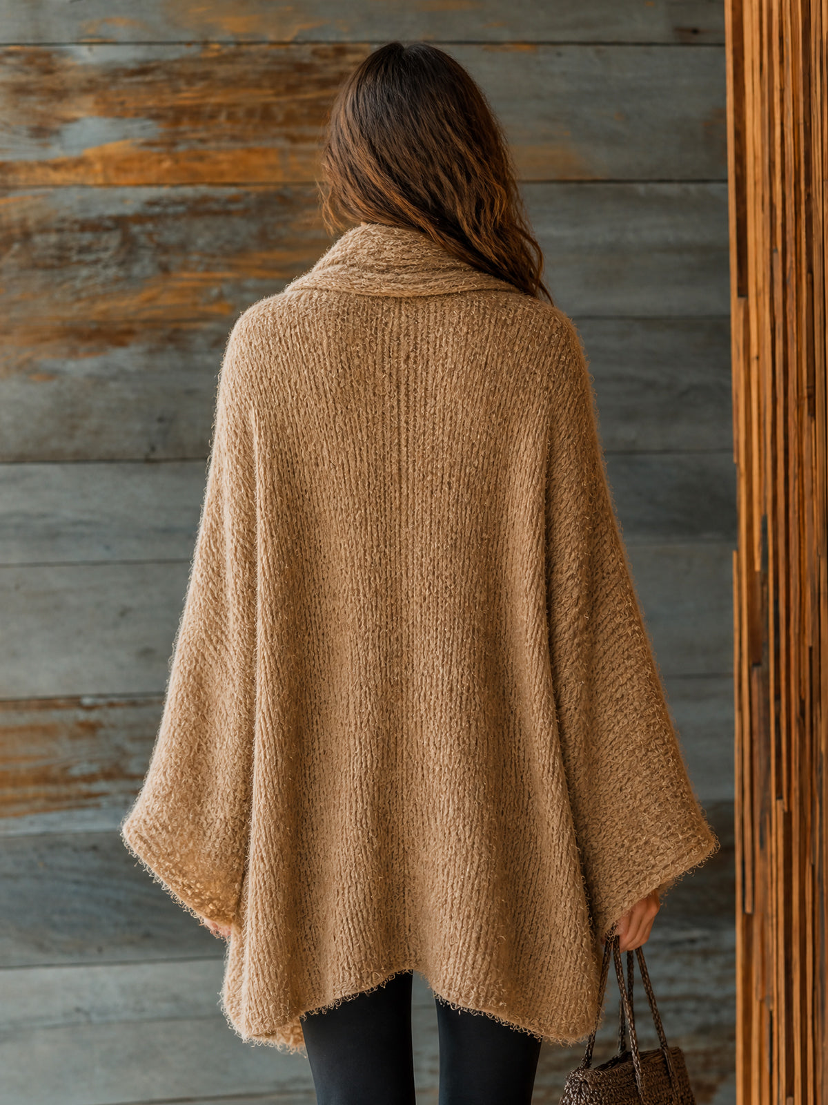 ElevenOra Chic Elegant Camel Long-Flare-Sleeve Loose-Fit Ruched Detail Asymmetrical Hem Mohair Blend Knit Cardigan