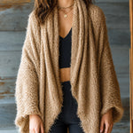 ElevenOra Chic Elegant Camel Long-Flare-Sleeve Loose-Fit Ruched Detail Asymmetrical Hem Mohair Blend Knit Cardigan