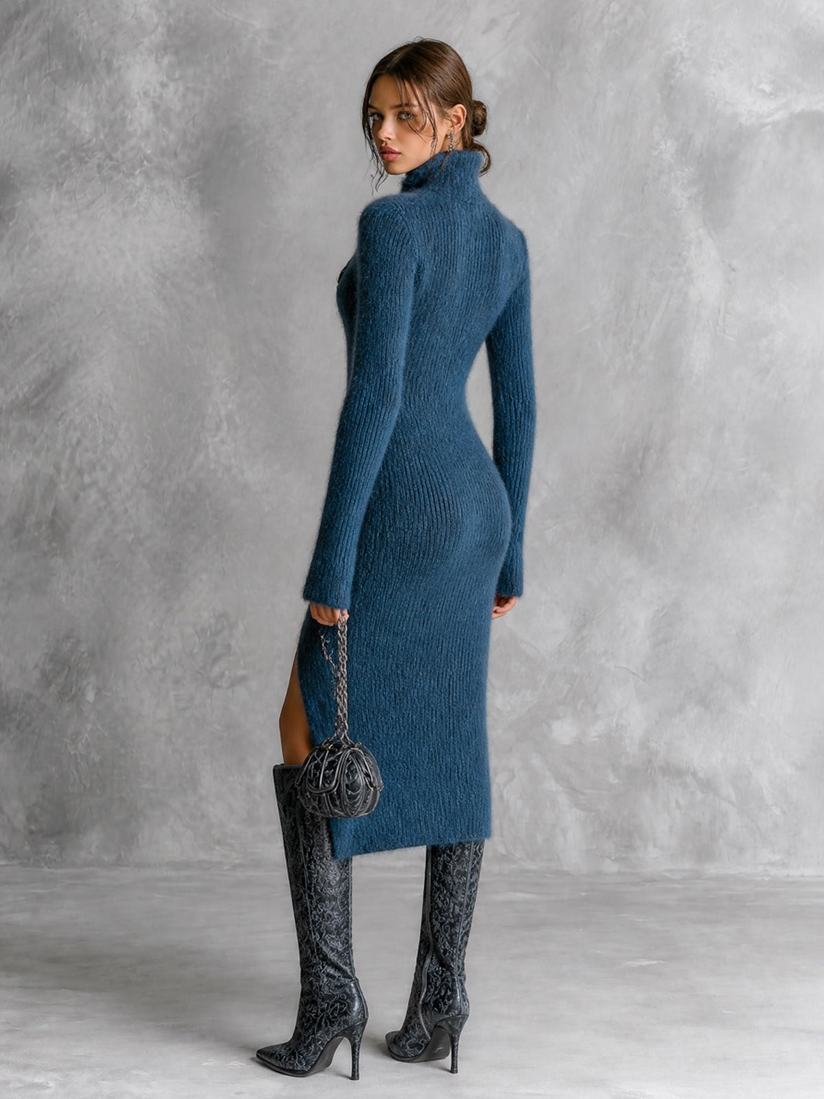 ElevenOra Chic Elegant Dark Blue Stand Collar Long-Sleeve Decorative Metal Rings Slit Hem Slim-Fit Mohair Blend Knit Midi Dress