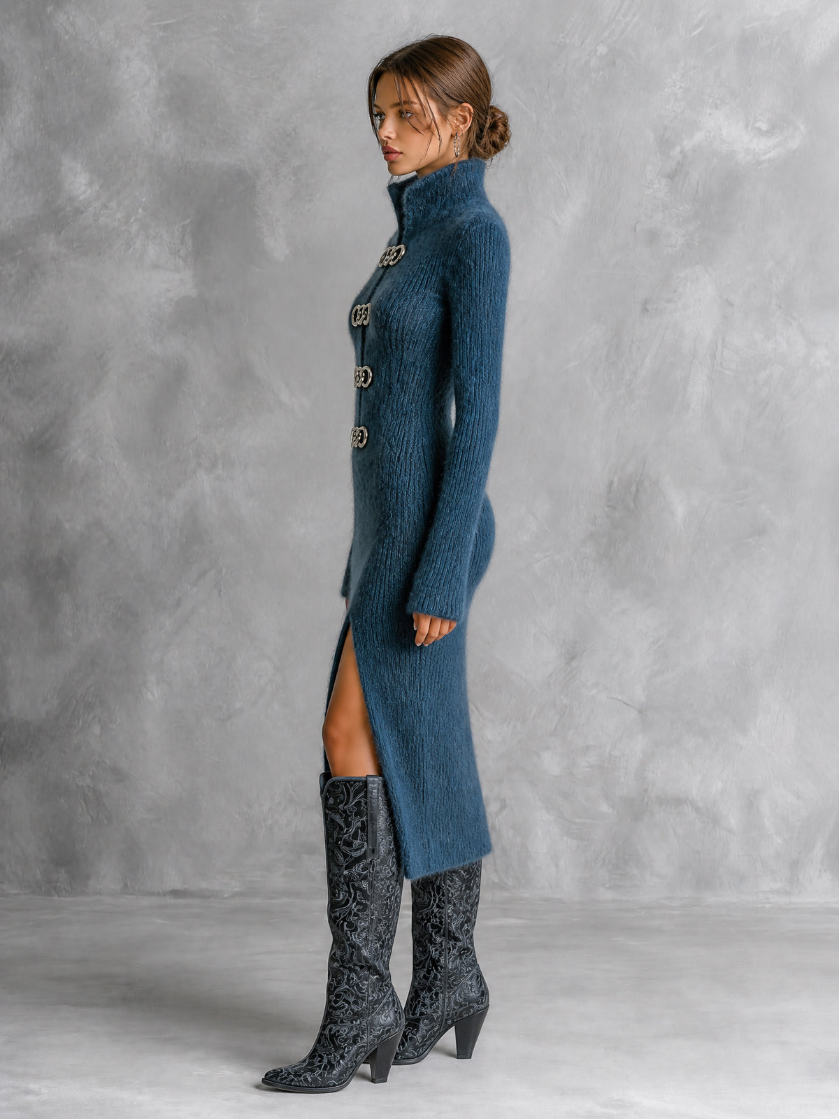 ElevenOra Chic Elegant Dark Blue Stand Collar Long-Sleeve Decorative Metal Rings Slit Hem Slim-Fit Mohair Blend Knit Midi Dress
