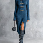 ElevenOra Chic Elegant Dark Blue Stand Collar Long-Sleeve Decorative Metal Rings Slit Hem Slim-Fit Mohair Blend Knit Midi Dress