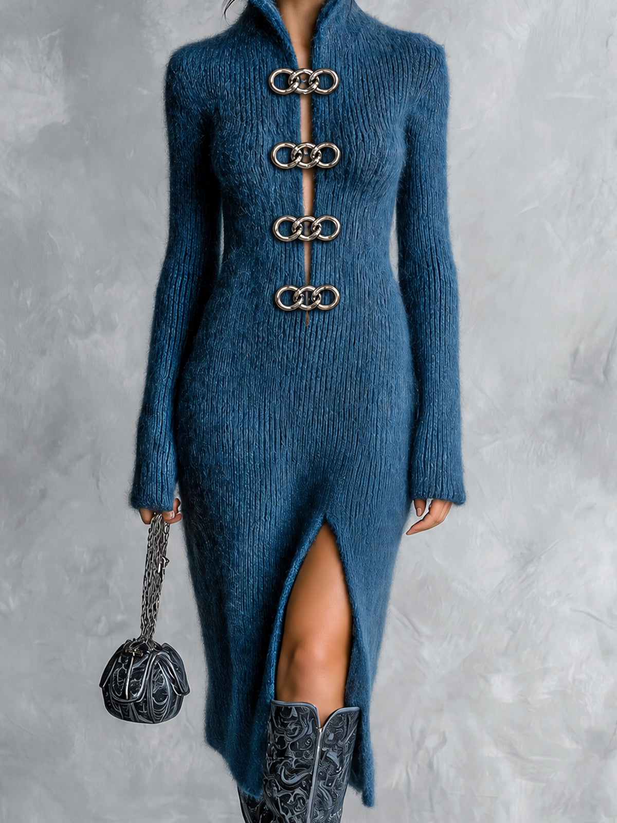 ElevenOra Chic Elegant Dark Blue Stand Collar Long-Sleeve Decorative Metal Rings Slit Hem Slim-Fit Mohair Blend Knit Midi Dress