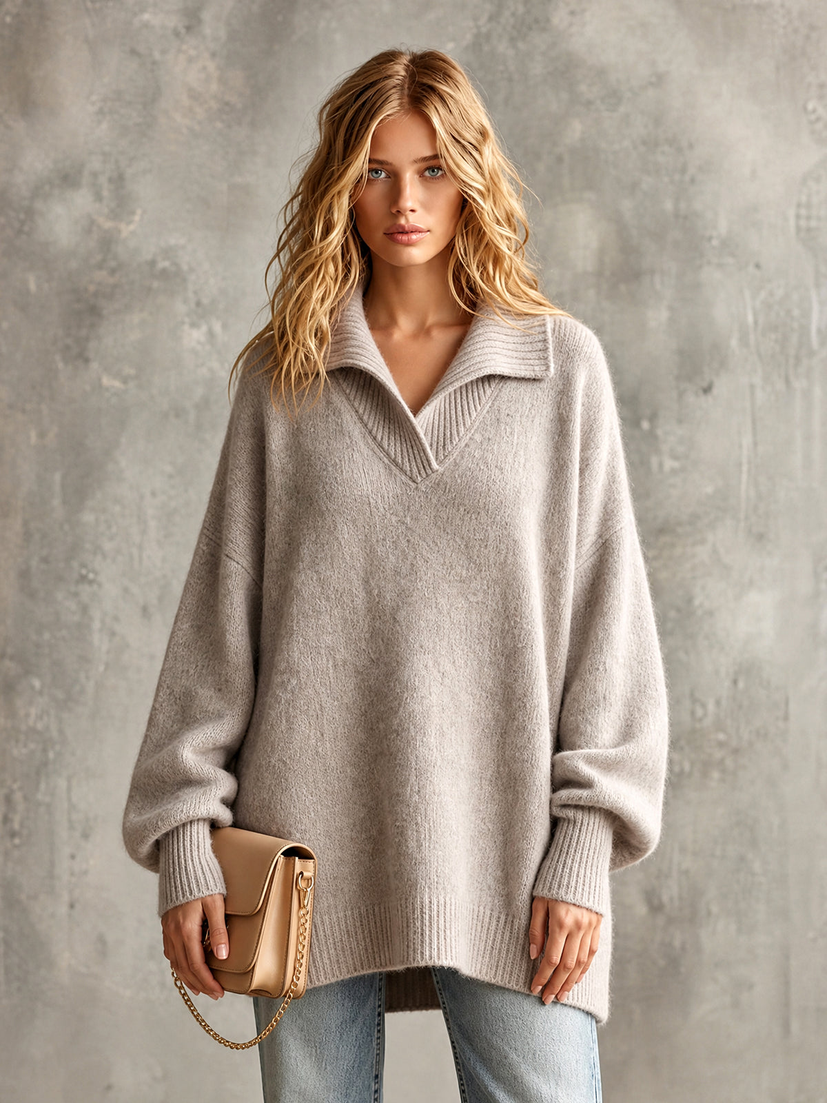 ElevenOra Chic Elegant Beige Gray Lapel V-Neck Dropped-Shoulder Long-Lantern-Sleeve Oversized Wool Blend Knit Sweater