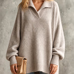 ElevenOra Chic Elegant Beige Gray Lapel V-Neck Dropped-Shoulder Long-Lantern-Sleeve Oversized Wool Blend Knit Sweater