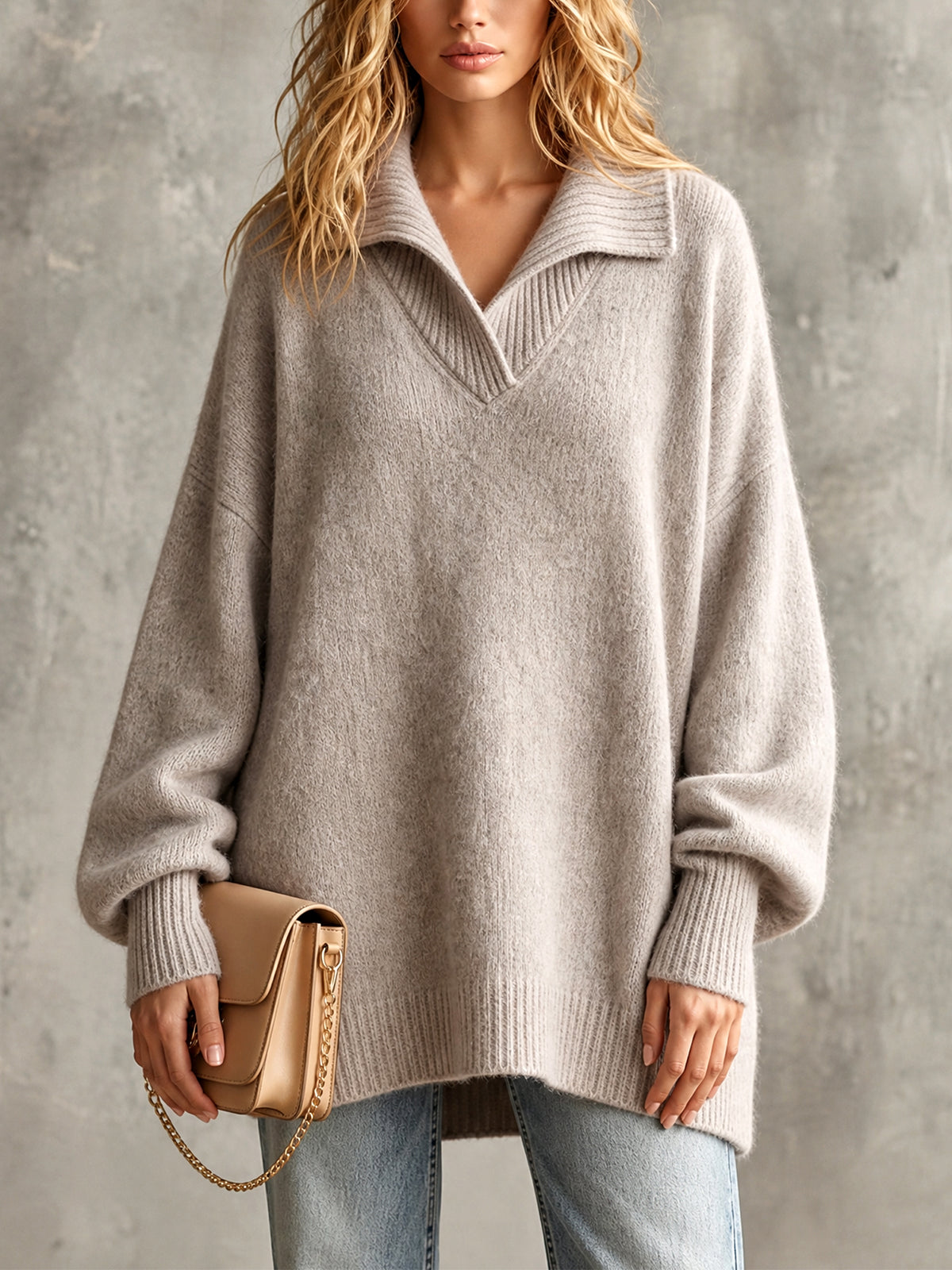 ElevenOra Chic Elegant Beige Gray Lapel V-Neck Dropped-Shoulder Long-Lantern-Sleeve Oversized Wool Blend Knit Sweater