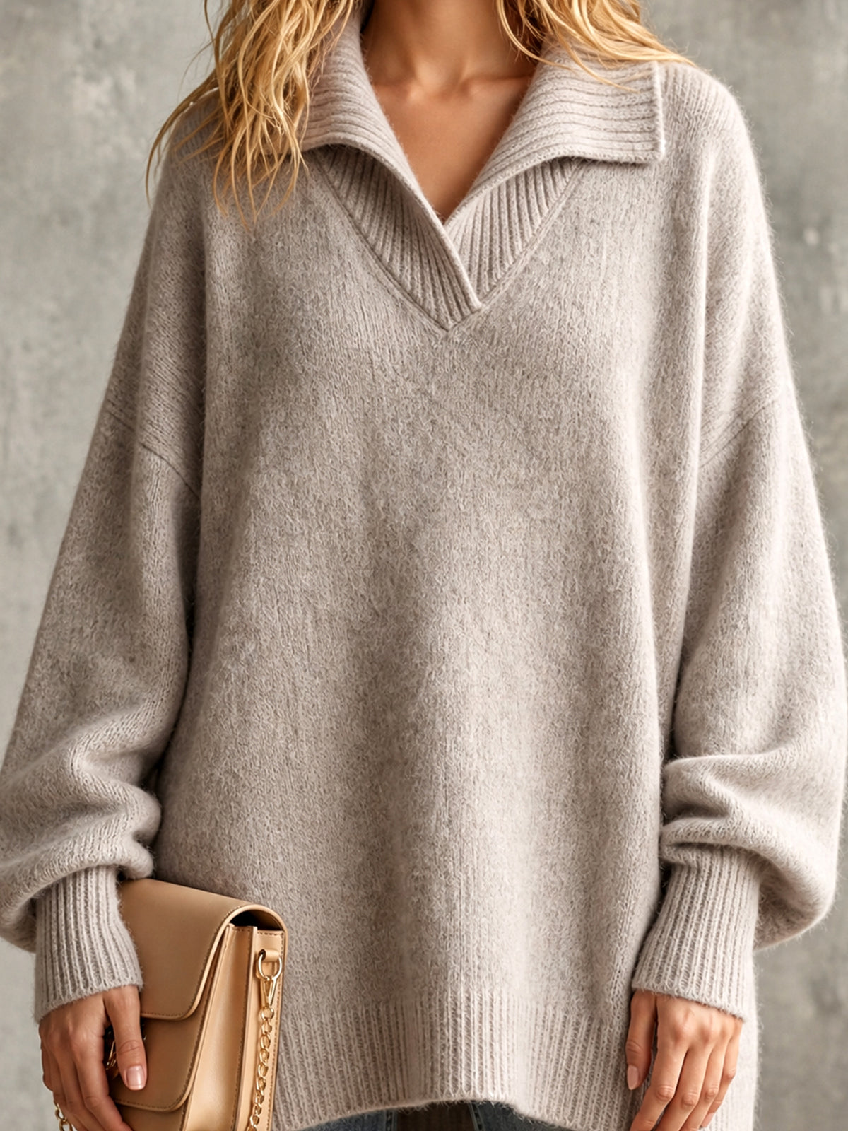 ElevenOra Chic Elegant Beige Gray Lapel V-Neck Dropped-Shoulder Long-Lantern-Sleeve Oversized Wool Blend Knit Sweater