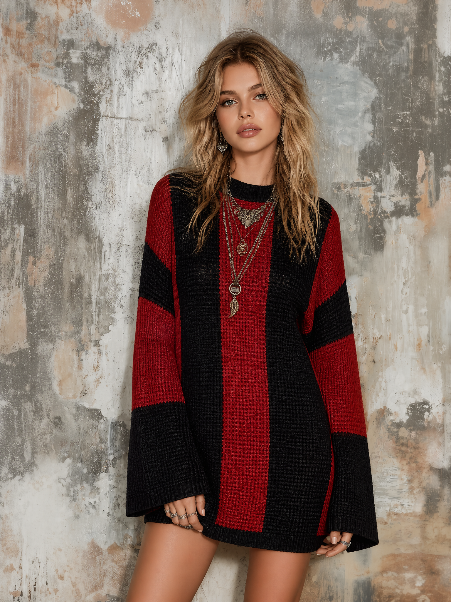 ElevenOra Chic Casual Black-Red Colorblock Round-Neck Flare Long-Sleeve Loose-Fit Knit Mini Dress