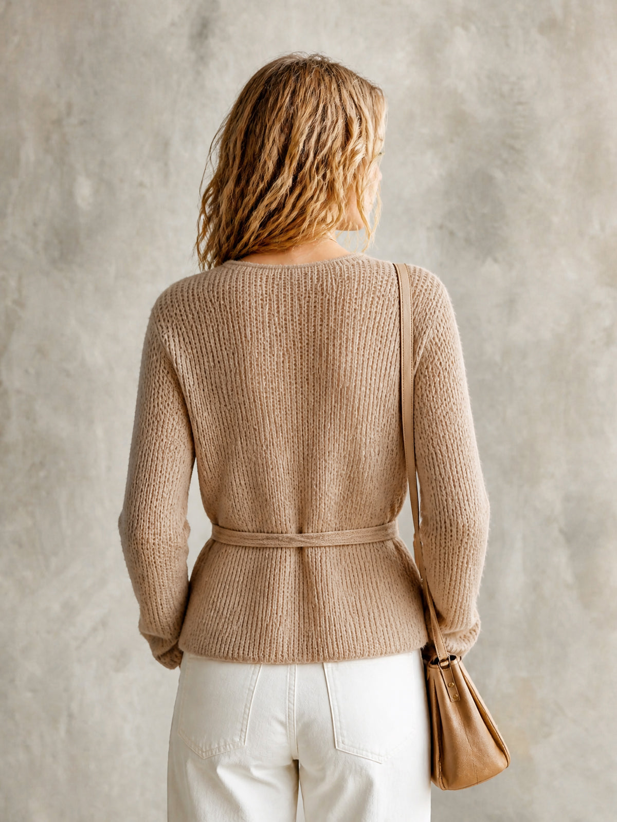 ElevenOra Chic Elegant Camel Round-Neck Long-Sleeve Self Tie-Waist Loose-Fit Wool Blend Knit Sweater