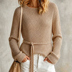 ElevenOra Chic Elegant Camel Round-Neck Long-Sleeve Self Tie-Waist Loose-Fit Wool Blend Knit Sweater