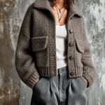 ElevenOra Chic Casual Taupe Lapel Collar Single-Breasted Patch Pocket Dropped-Shoulder Long-Sleeve Loose-Fit Knit Cardigan