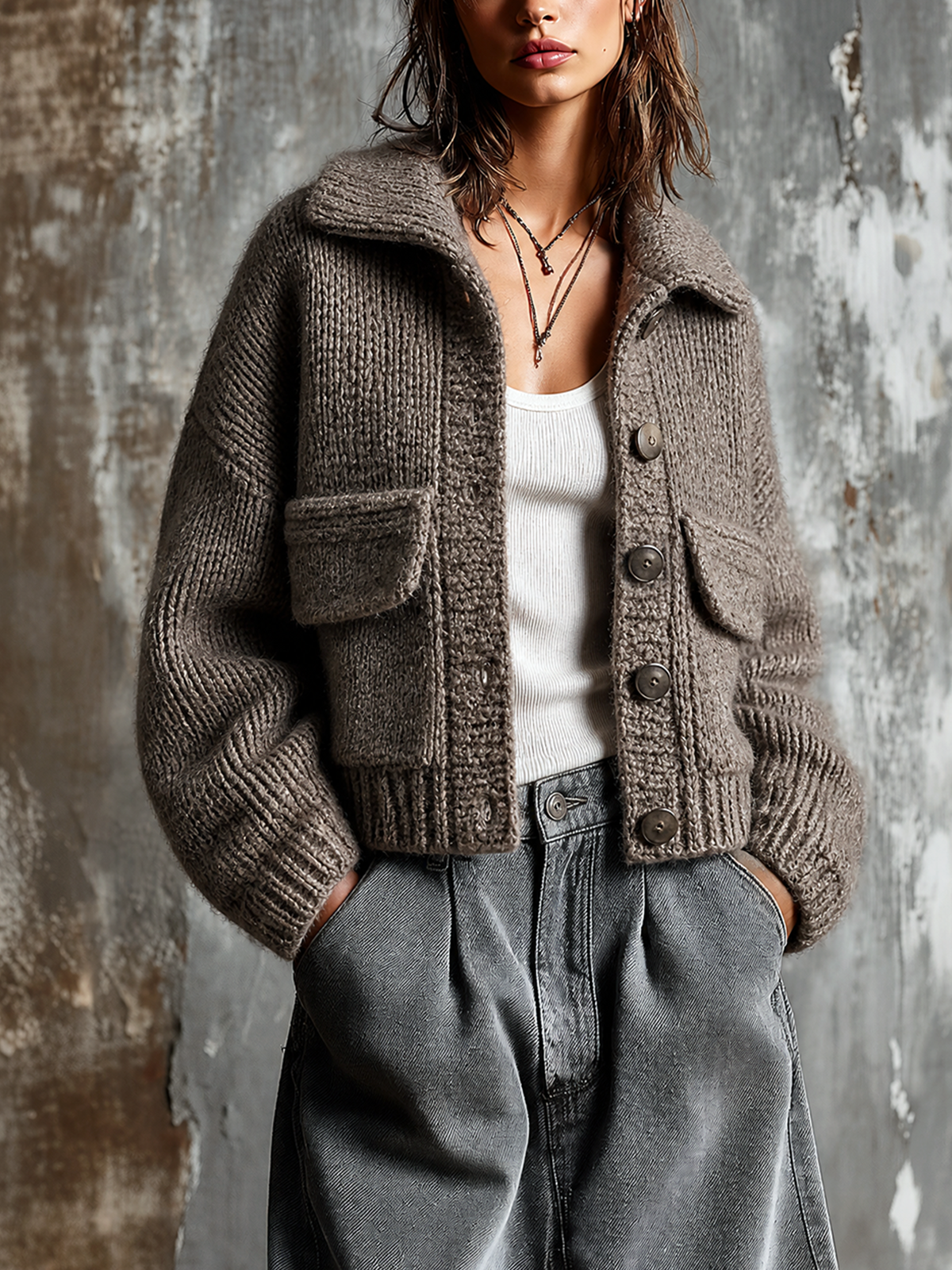 ElevenOra Chic Casual Taupe Lapel Collar Single-Breasted Patch Pocket Dropped-Shoulder Long-Sleeve Loose-Fit Knit Cardigan