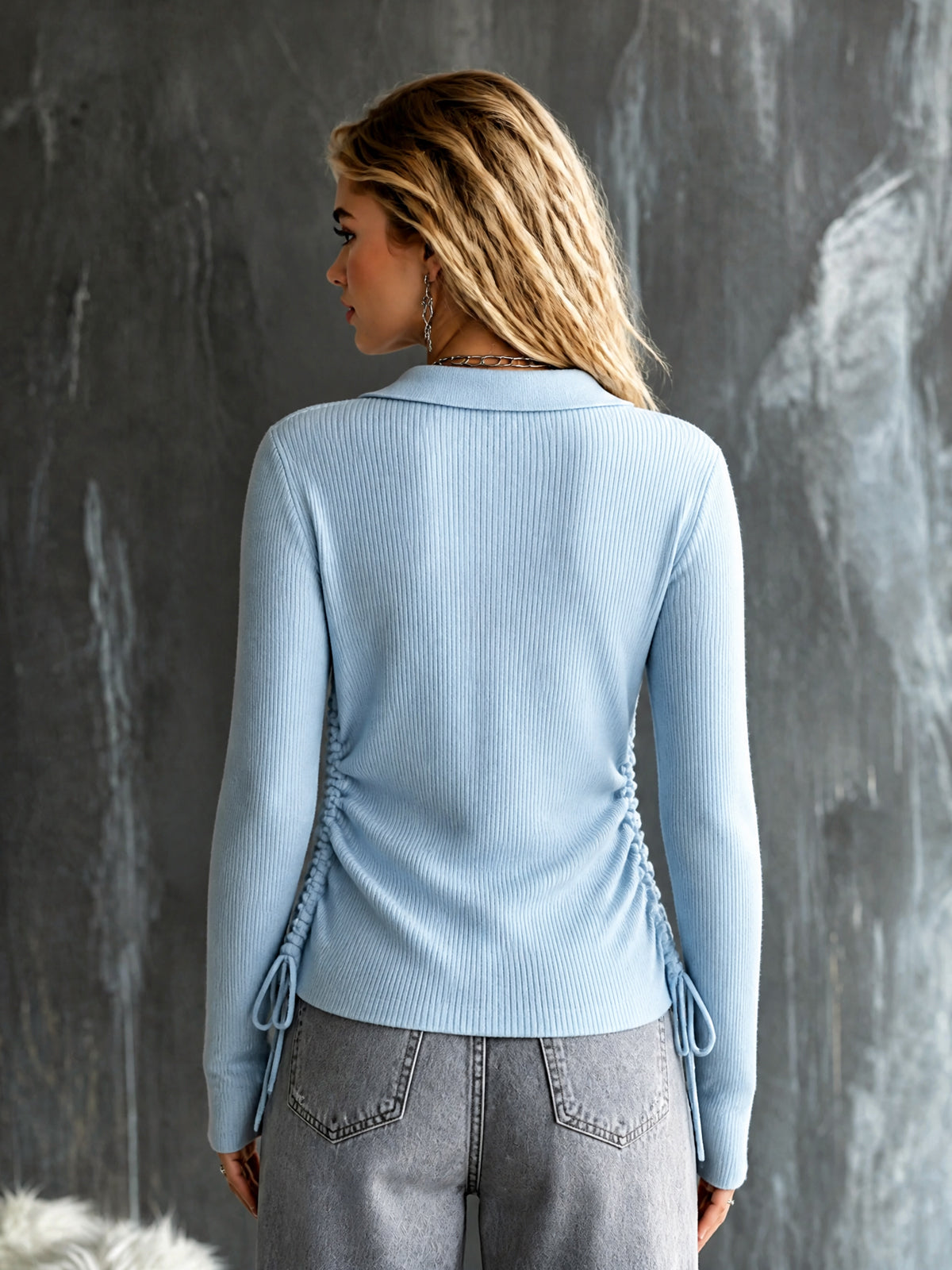 ElevenOra Chic Elegant Blue Lapel V-Neck Long-Sleeve Ruched Drawstring Detail Slim-Fit Wool Blend Ribbed Knit Sweater