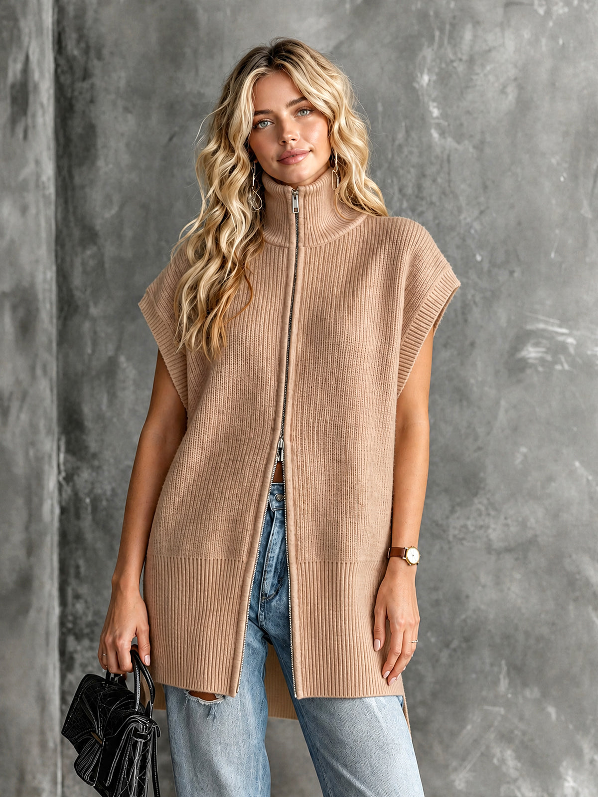 ElevenOra Chic Elegant Camel Turtleneck Dropped-Shoulder Sleeveless Zipper-Front Side-Slit Loose-Fit Wool Blend Ribbed Knit Vest