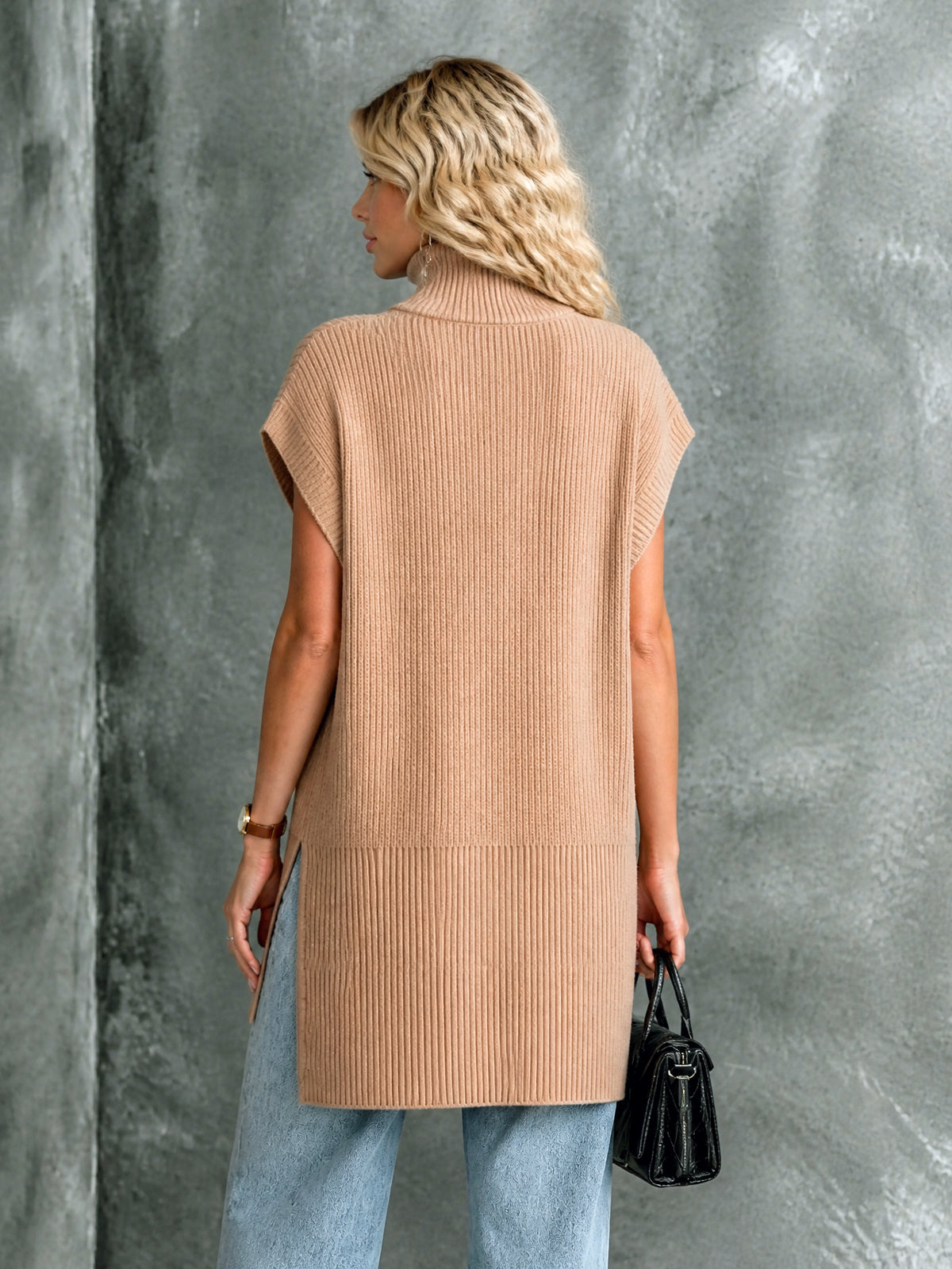 ElevenOra Chic Elegant Camel Turtleneck Dropped-Shoulder Sleeveless Zipper-Front Side-Slit Loose-Fit Wool Blend Ribbed Knit Vest