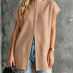 ElevenOra Chic Elegant Camel Turtleneck Dropped-Shoulder Sleeveless Zipper-Front Side-Slit Loose-Fit Wool Blend Ribbed Knit Vest