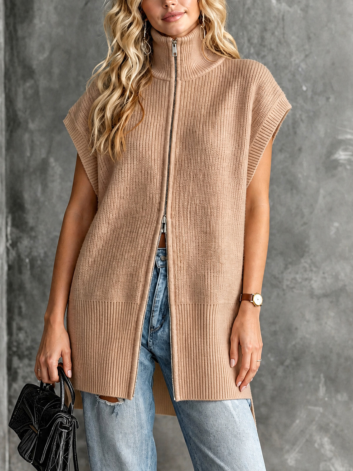 ElevenOra Chic Elegant Camel Turtleneck Dropped-Shoulder Sleeveless Zipper-Front Side-Slit Loose-Fit Wool Blend Ribbed Knit Vest