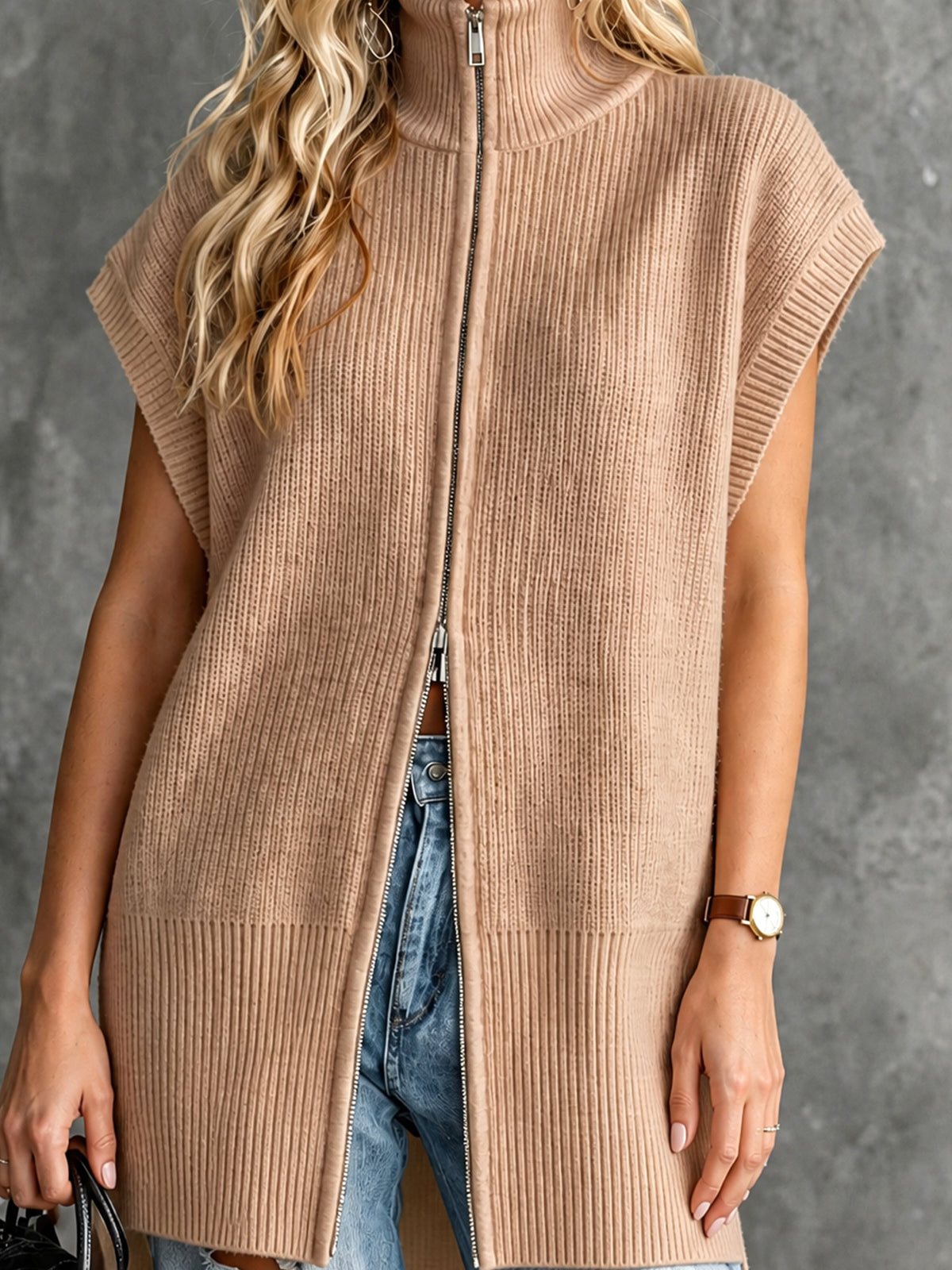 ElevenOra Chic Elegant Camel Turtleneck Dropped-Shoulder Sleeveless Zipper-Front Side-Slit Loose-Fit Wool Blend Ribbed Knit Vest
