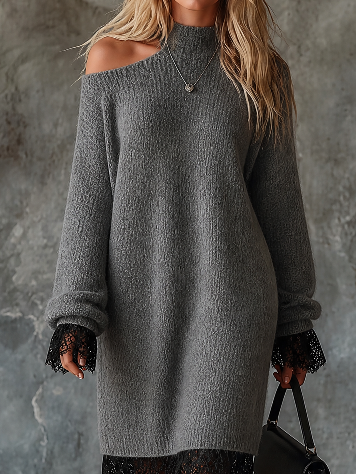 ElevenOra Chic Casual Heather Grey Mock Neck Cold Shoulder Lace Trim Long-Sleeve Loose-Fit Knit Midi Dress