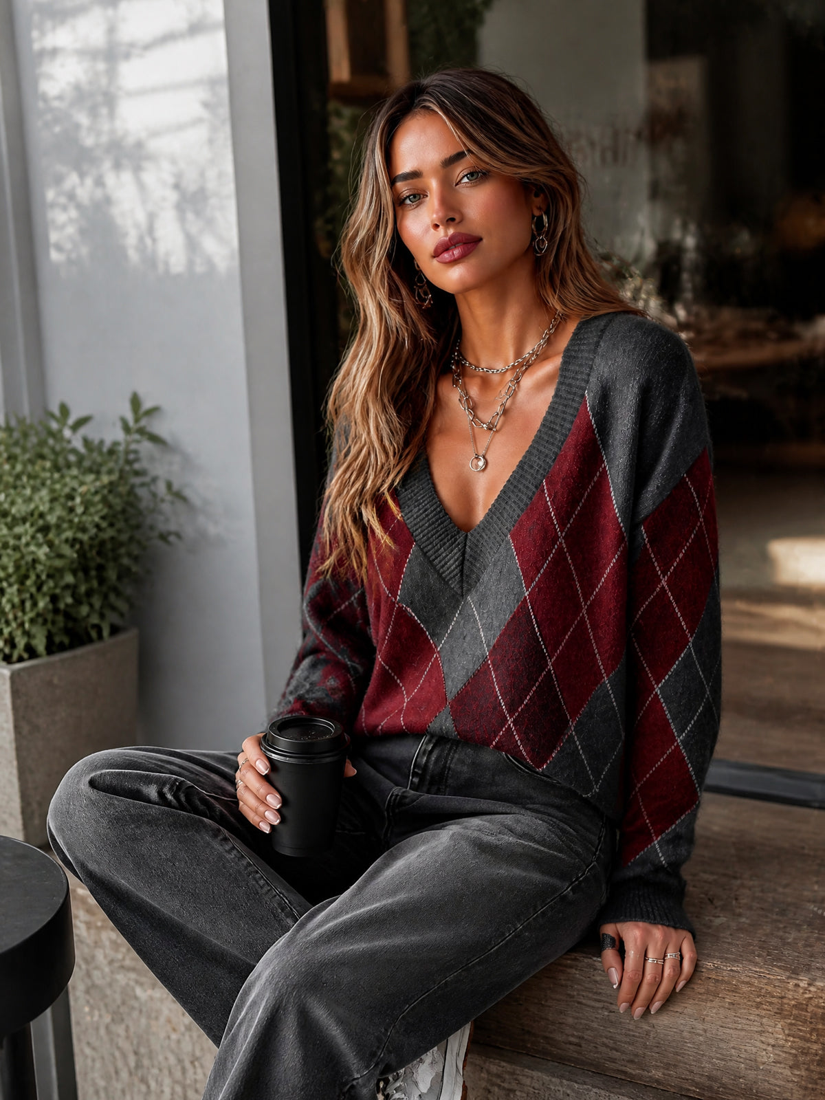 ElevenOra Chic Elegant Gray-Red Colorblock Argyle Jacquard V-Neck Long-Sleeve Loose-Fit Wool Blend Knit Sweater