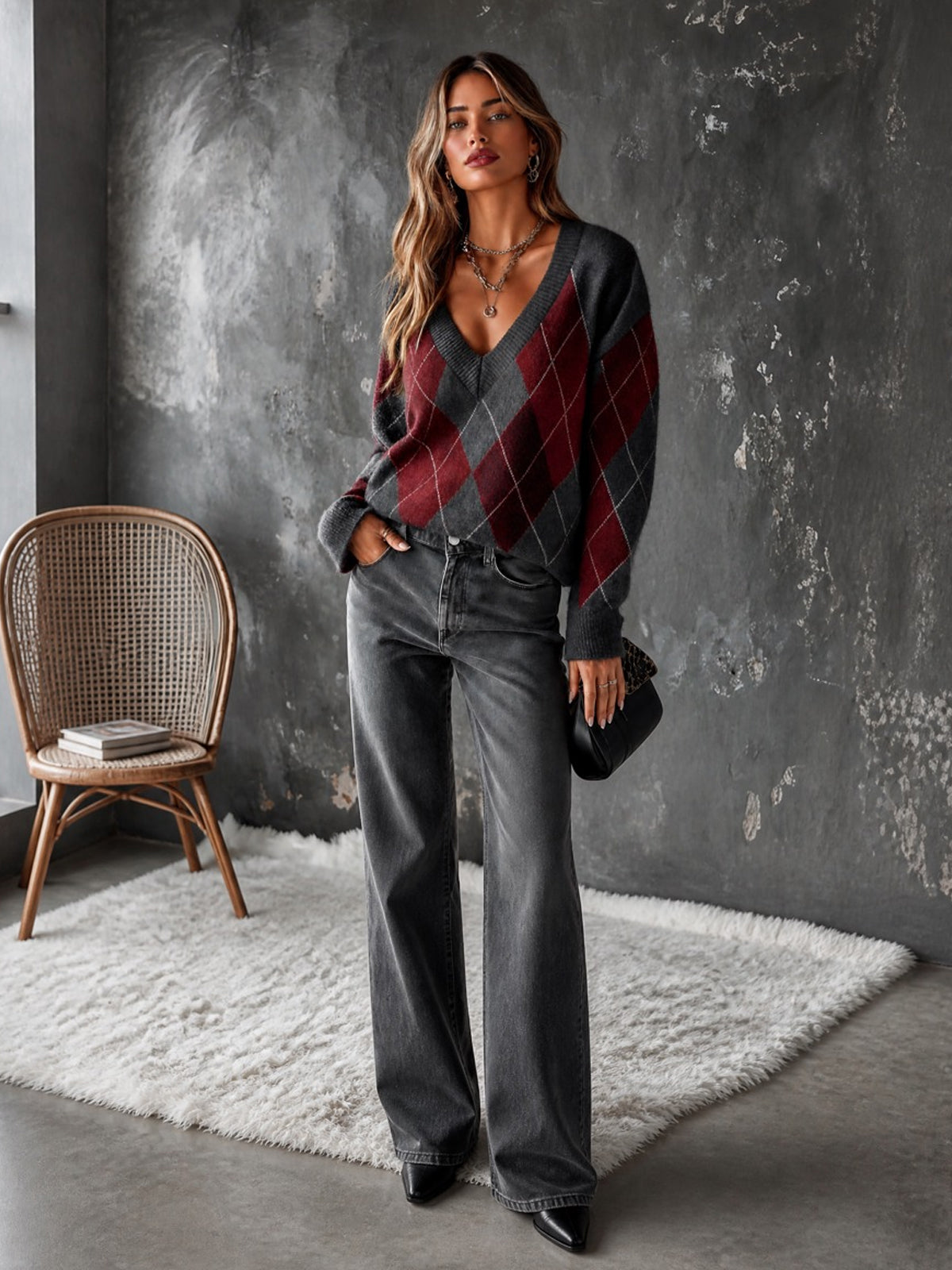 ElevenOra Chic Elegant Gray-Red Colorblock Argyle Jacquard V-Neck Long-Sleeve Loose-Fit Wool Blend Knit Sweater