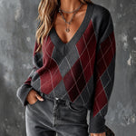 ElevenOra Chic Elegant Gray-Red Colorblock Argyle Jacquard V-Neck Long-Sleeve Loose-Fit Wool Blend Knit Sweater
