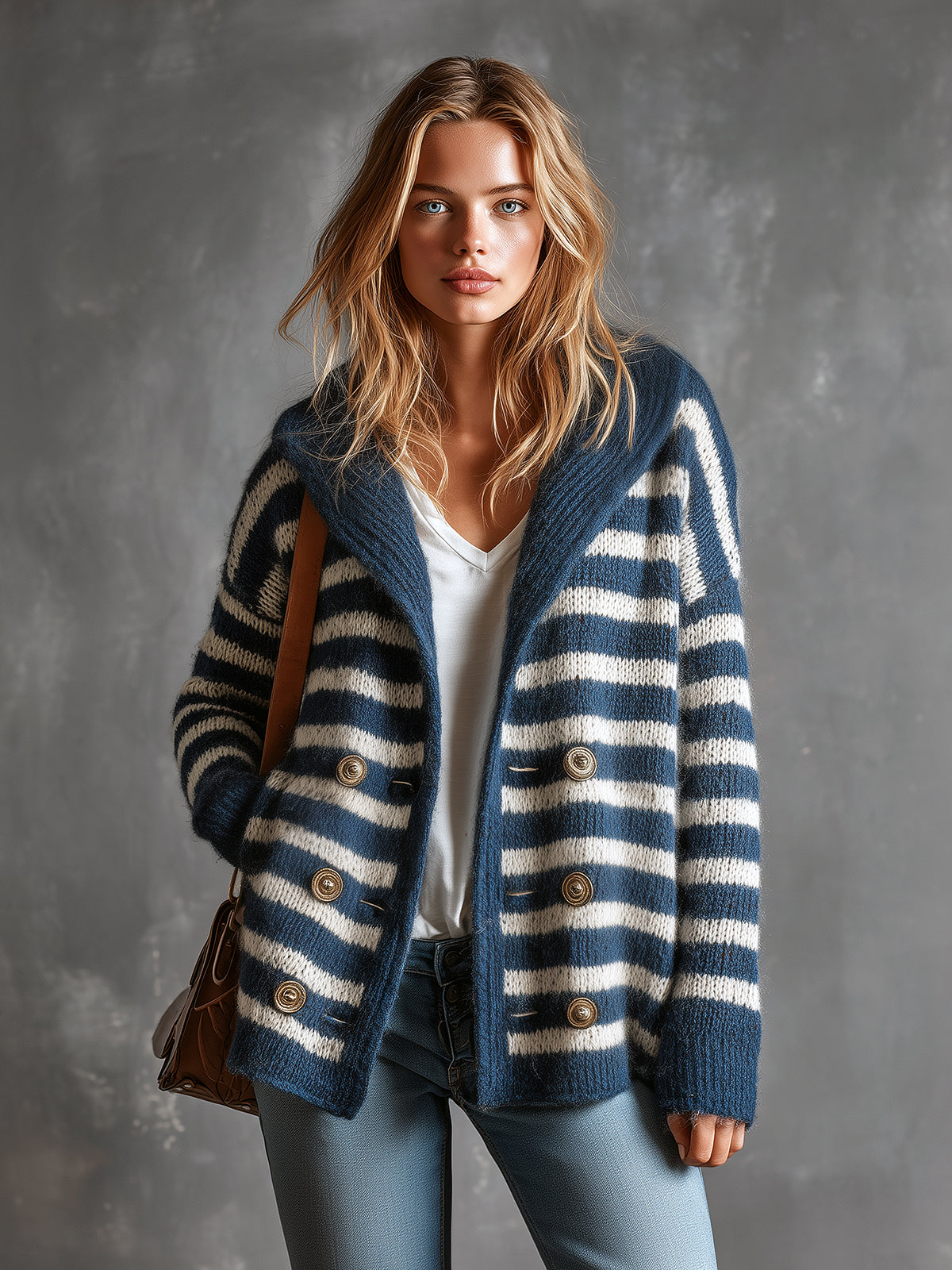ElevenOra Chic Elegant Navy Blue-White Pinstripe Shawl-Collar Long-Sleeve Double-Breasted Loose-Fit Wool Blend Knit Cardigan