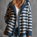 ElevenOra Chic Elegant Navy Blue-White Pinstripe Shawl-Collar Long-Sleeve Double-Breasted Loose-Fit Wool Blend Knit Cardigan