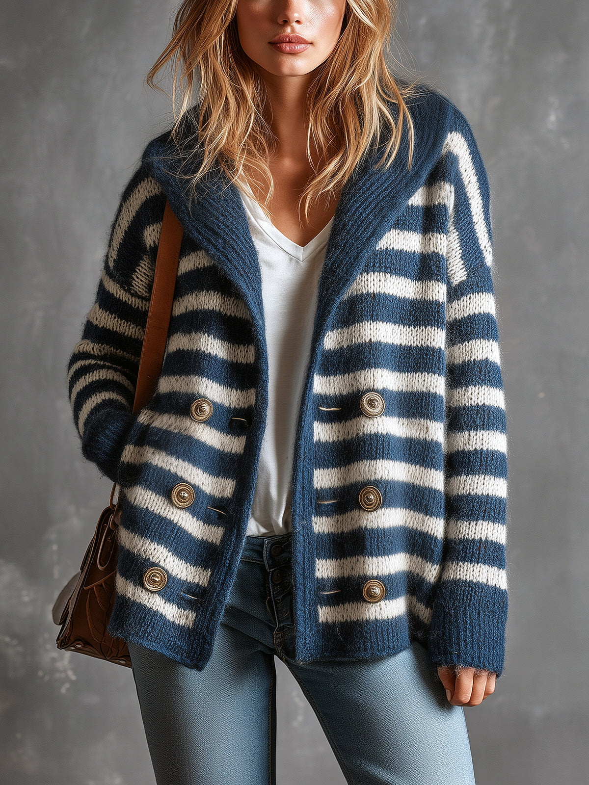 ElevenOra Chic Elegant Navy Blue-White Pinstripe Shawl-Collar Long-Sleeve Double-Breasted Loose-Fit Wool Blend Knit Cardigan
