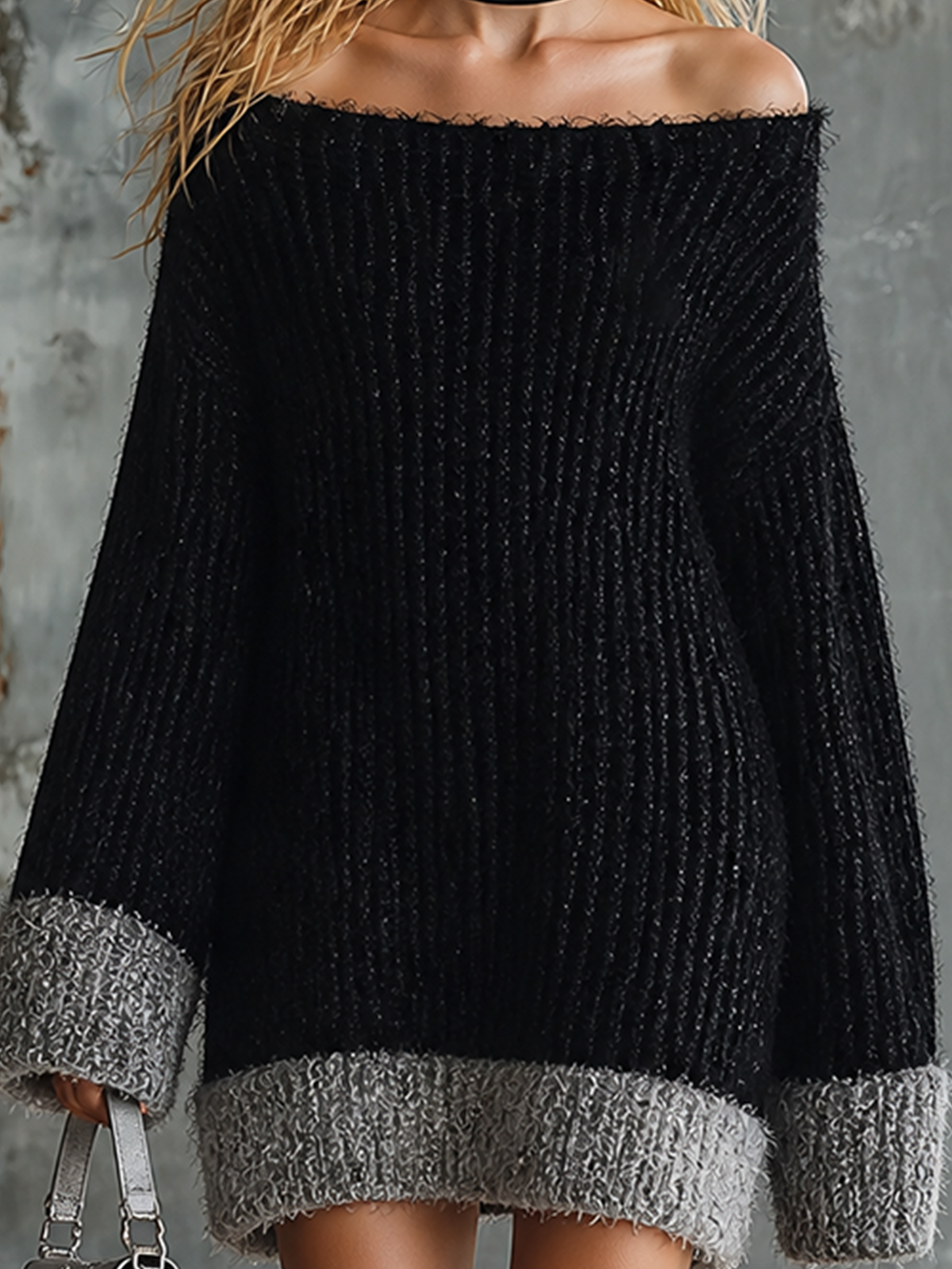 ElevenOra Chic Casual Black-Heather Grey Colorblock Dropped-Shoulder Long-Sleeve Loose-Fit Fuzzy Knit Mini Dress