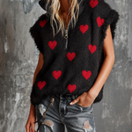 ElevenOra Chic Casual Black Stand Collar Half‑Zip Red Heart Jacquard Sleeveless Loose-Fit Fuzzy Knit Vest Top