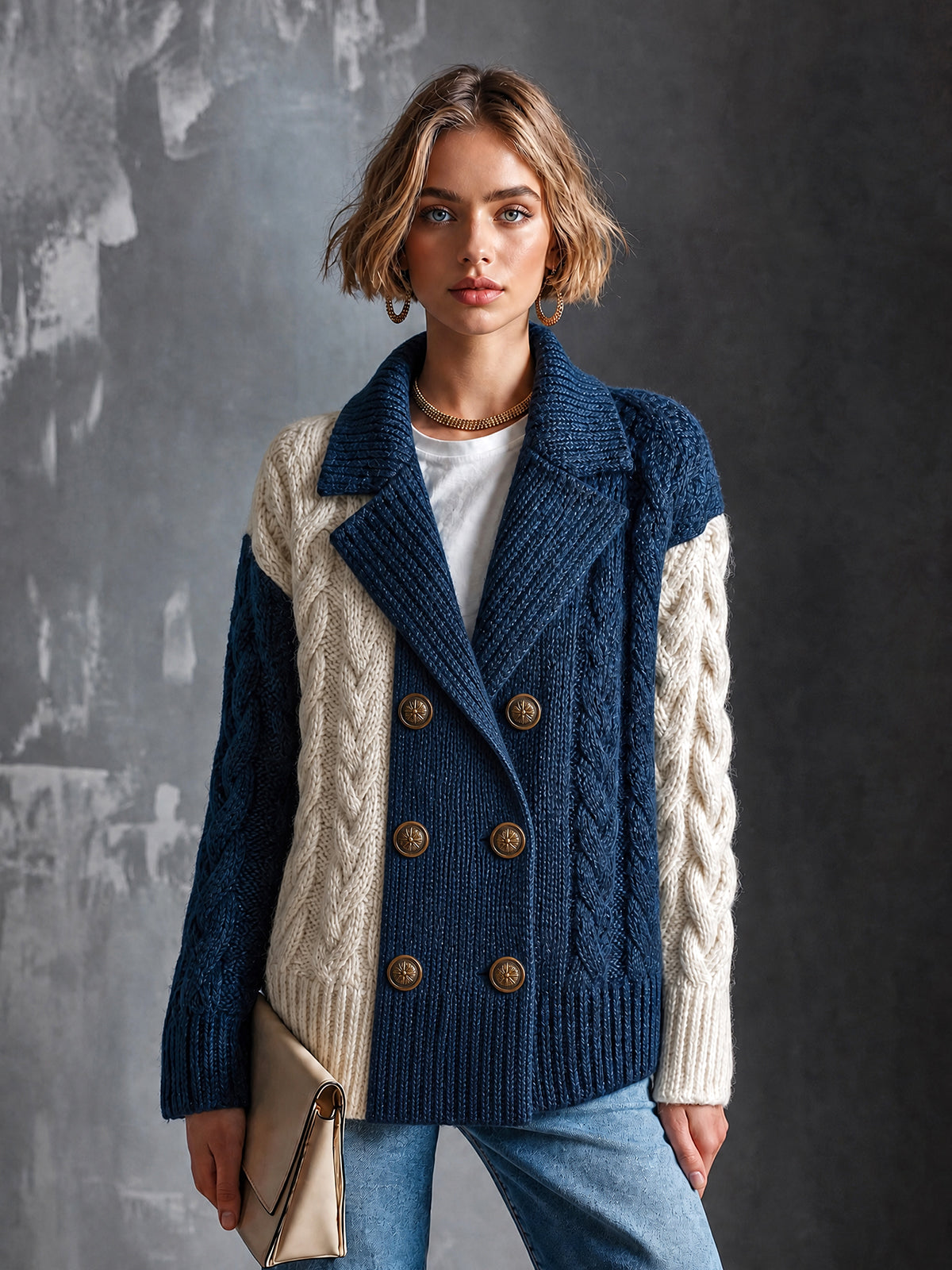 ElevenOra Chic Elegant Navy Blue-White Colorblock Notched-Lapel Long-Sleeve Double-Breasted Wool Blend Cable-Knit Cardigan