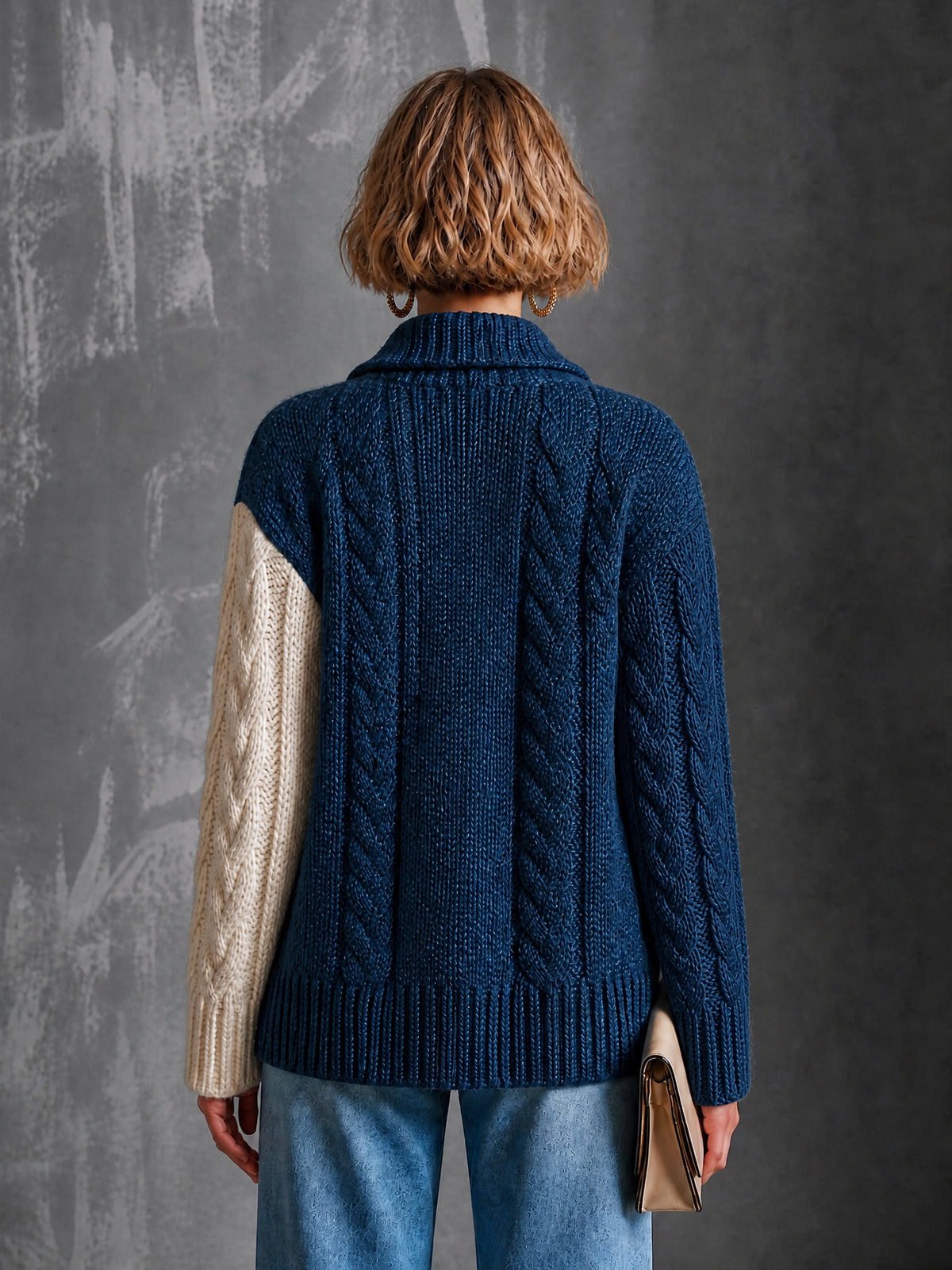 ElevenOra Chic Elegant Navy Blue-White Colorblock Notched-Lapel Long-Sleeve Double-Breasted Wool Blend Cable-Knit Cardigan