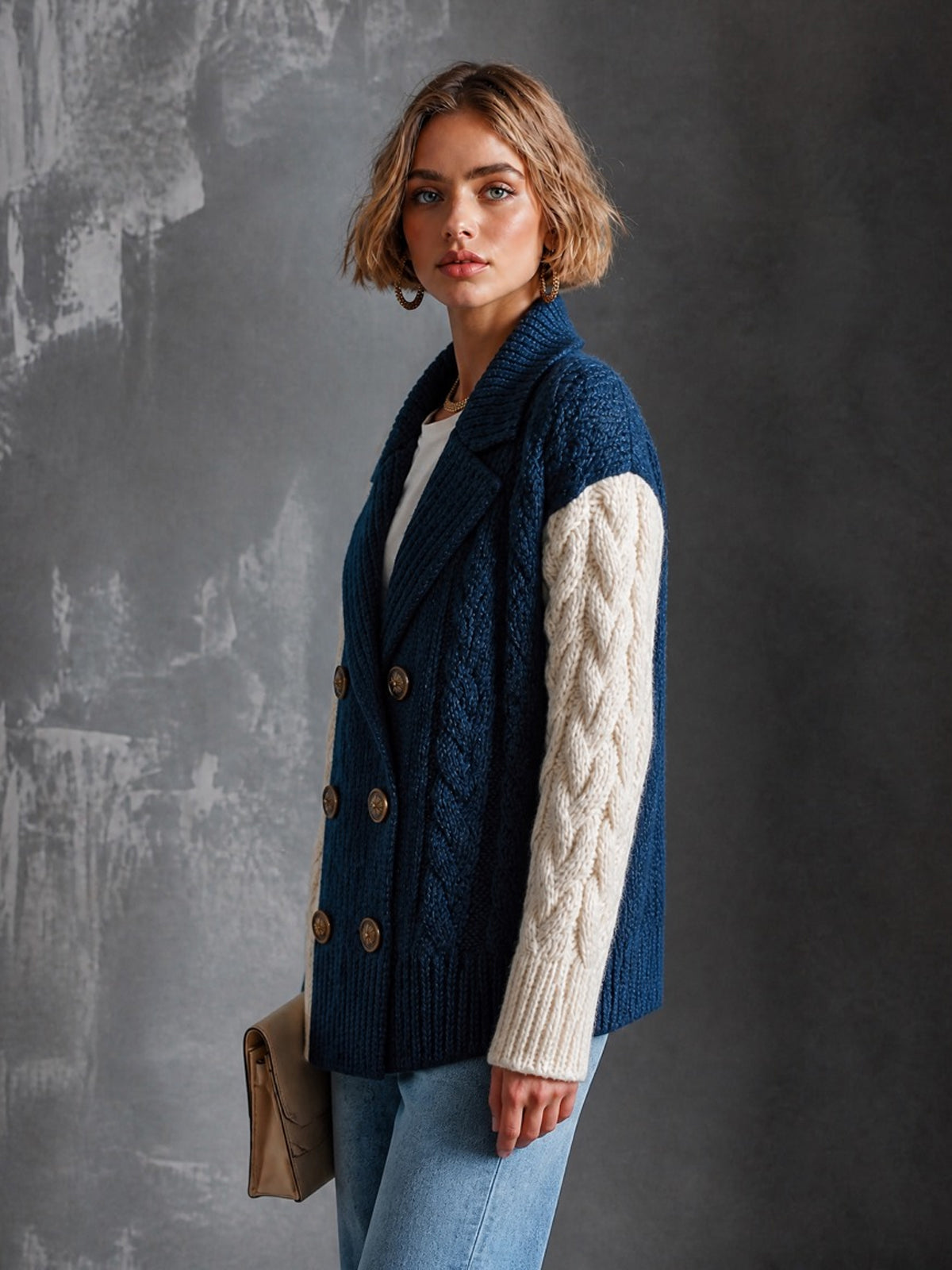ElevenOra Chic Elegant Navy Blue-White Colorblock Notched-Lapel Long-Sleeve Double-Breasted Wool Blend Cable-Knit Cardigan