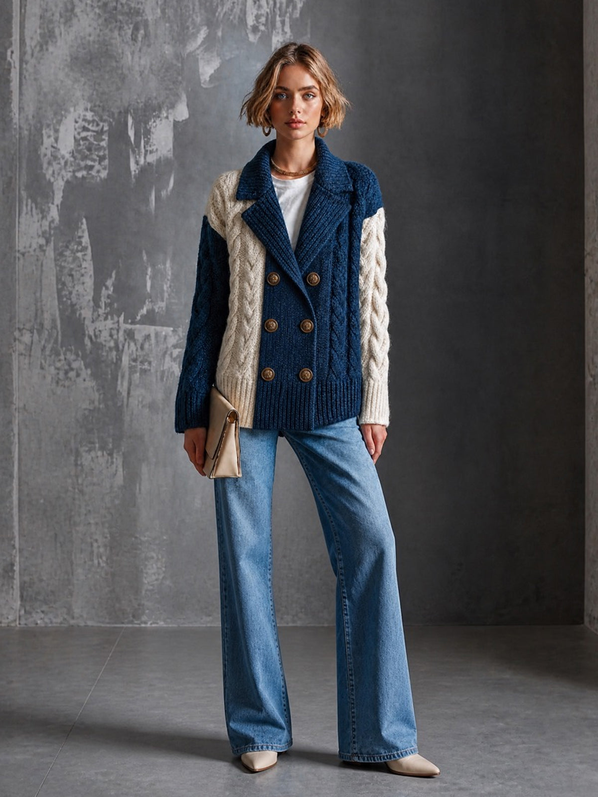 ElevenOra Chic Elegant Navy Blue-White Colorblock Notched-Lapel Long-Sleeve Double-Breasted Wool Blend Cable-Knit Cardigan