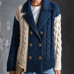 ElevenOra Chic Elegant Navy Blue-White Colorblock Notched-Lapel Long-Sleeve Double-Breasted Wool Blend Cable-Knit Cardigan