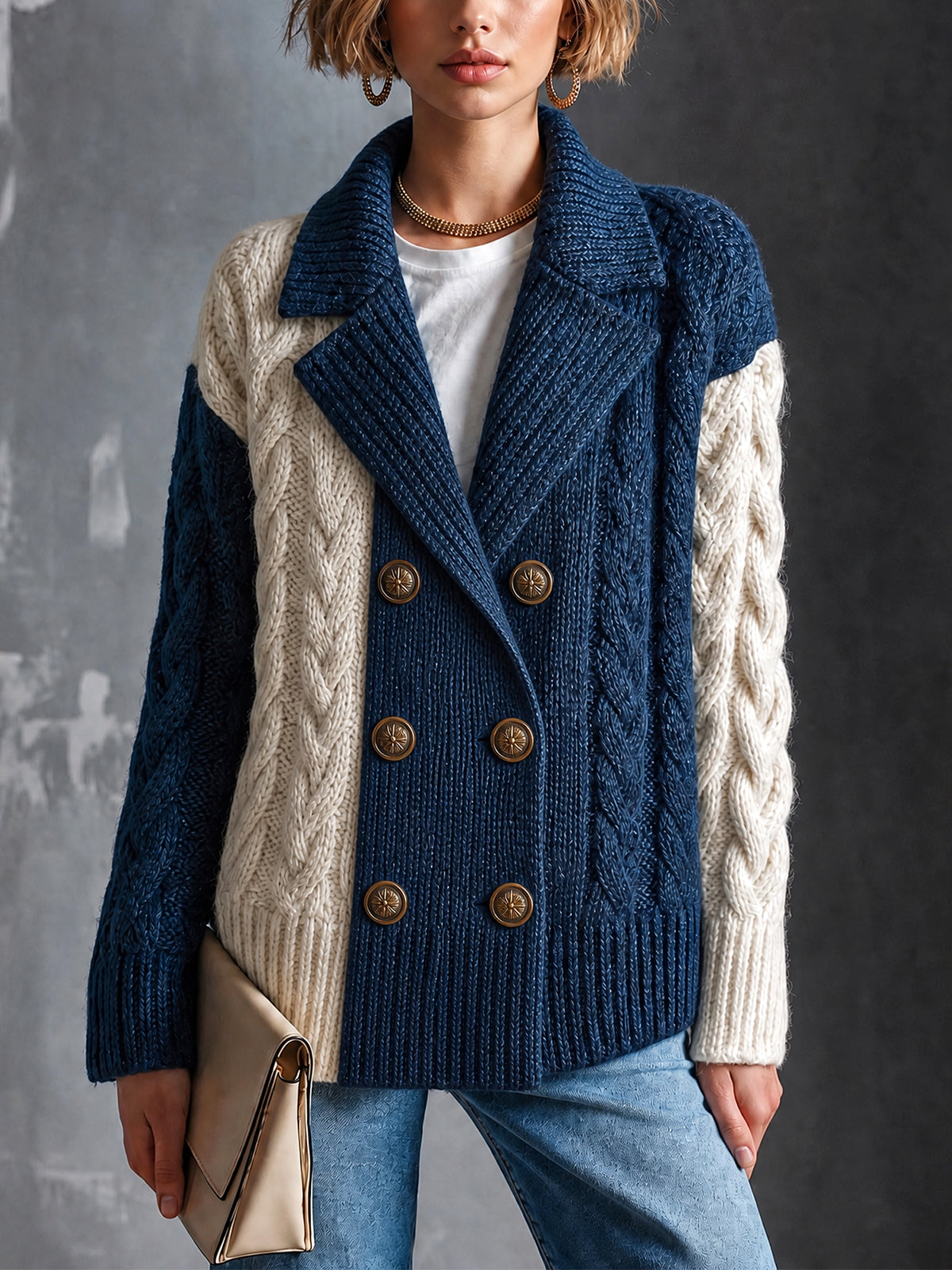 ElevenOra Chic Elegant Navy Blue-White Colorblock Notched-Lapel Long-Sleeve Double-Breasted Wool Blend Cable-Knit Cardigan