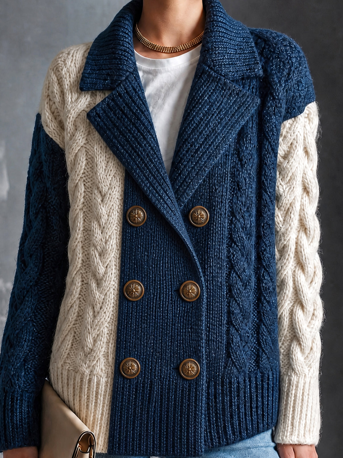 ElevenOra Chic Elegant Navy Blue-White Colorblock Notched-Lapel Long-Sleeve Double-Breasted Wool Blend Cable-Knit Cardigan