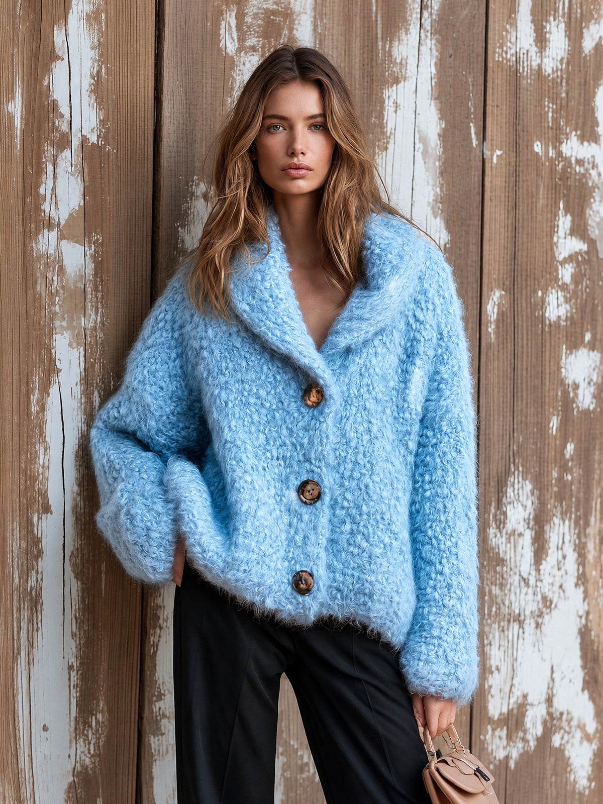 ElevenOra Chic Elegant Blue Shawl-Collar Dropped-Shoulder Long-Sleeve Single-Breasted Wool Blend Warm Knit Overiszed Cardigan