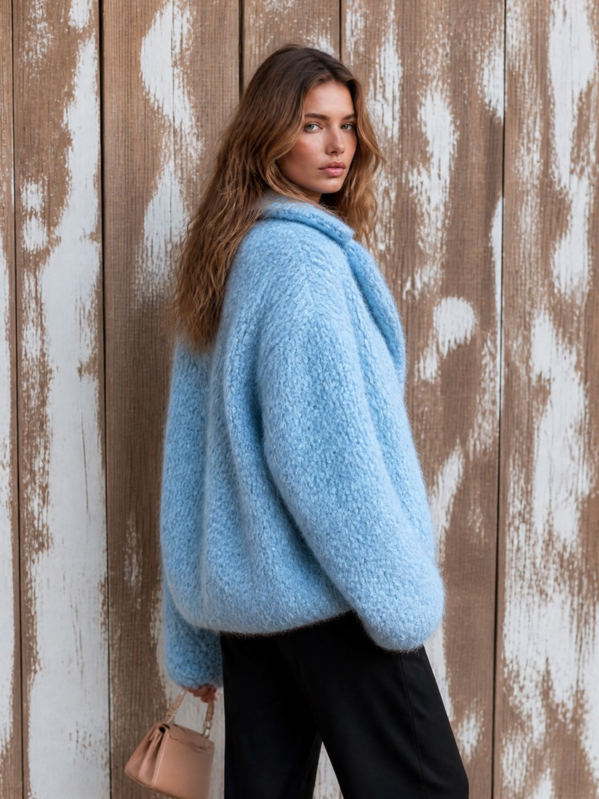 ElevenOra Chic Elegant Blue Shawl-Collar Dropped-Shoulder Long-Sleeve Single-Breasted Wool Blend Warm Knit Overiszed Cardigan