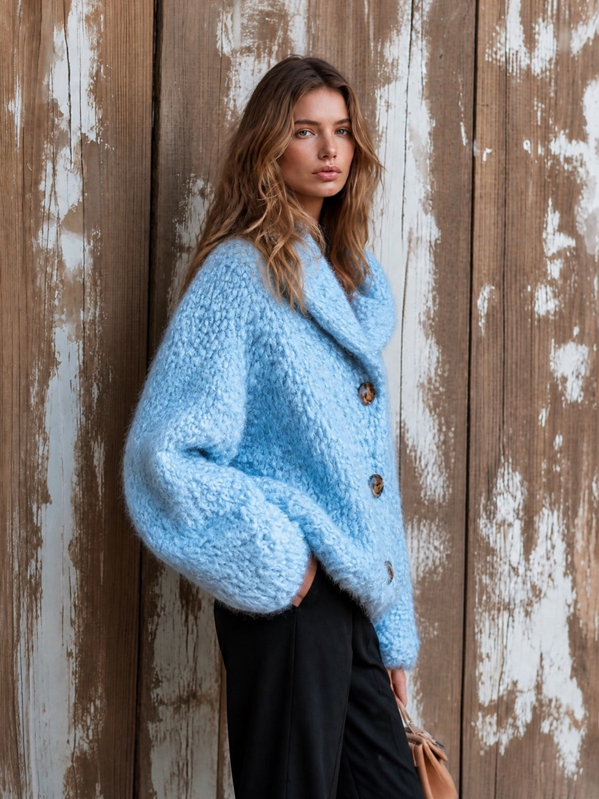 ElevenOra Chic Elegant Blue Shawl-Collar Dropped-Shoulder Long-Sleeve Single-Breasted Wool Blend Warm Knit Overiszed Cardigan