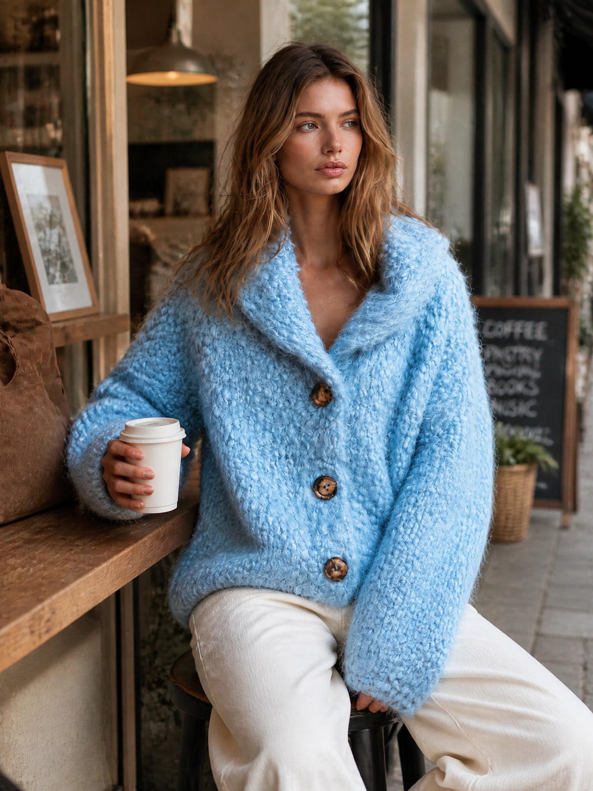 ElevenOra Chic Elegant Blue Shawl-Collar Dropped-Shoulder Long-Sleeve Single-Breasted Wool Blend Warm Knit Overiszed Cardigan