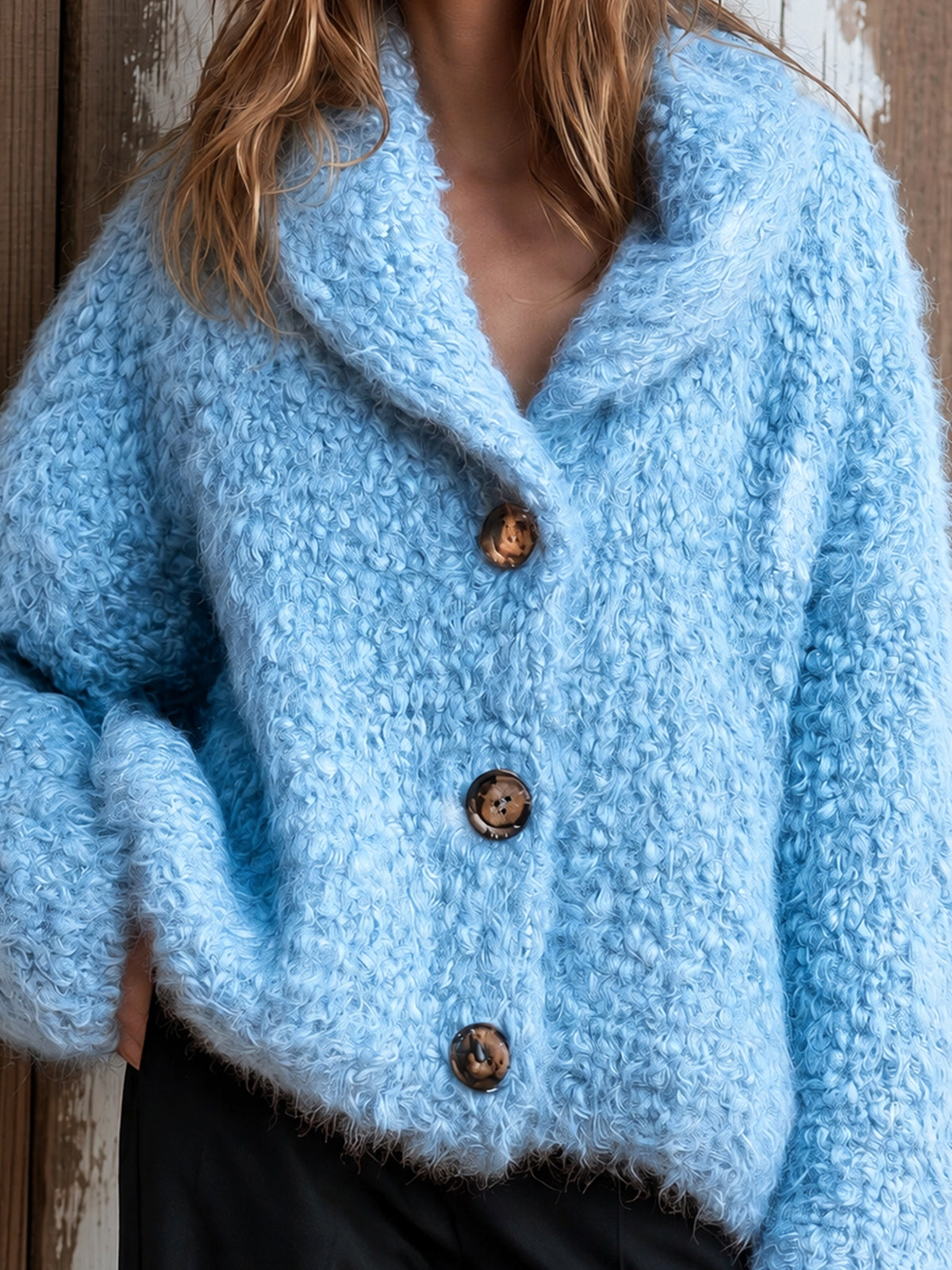 ElevenOra Chic Elegant Blue Shawl-Collar Dropped-Shoulder Long-Sleeve Single-Breasted Wool Blend Warm Knit Overiszed Cardigan