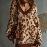 ElevenOra Chic Casual Cream-Brown Leopard Jacquard V-Neck Dropped-Shoulder Long-Sleeve Loose-Fit Fuzzy Knit Mini Dress
