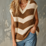 ElevenOra Chic Casual Cream-Camel Stripe V-Neck Sleeveless Loose-Fit Fuzzy Knit Vest Top