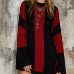 ElevenOra Chic Casual Black-Red Colorblock Round-Neck Flare Long-Sleeve Loose-Fit Knit Mini Dress